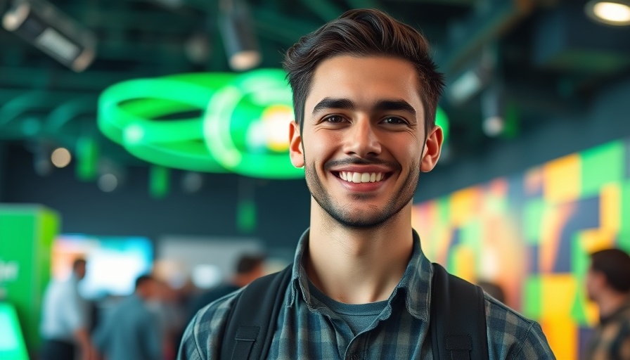 Smiling young man at tech event showcasing AI visibility engine.