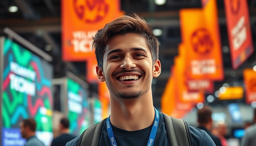 Young man at tech conference highlights AI and design integration in business.
