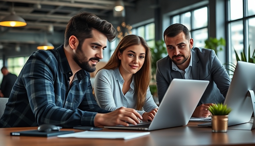 Professionals analyze data on laptop for AI search visibility in office.