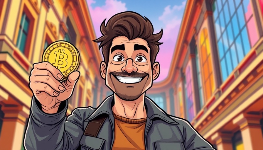 Vibrant cartoon poster with man holding cryptocurrency, symbolizing business growth capital.