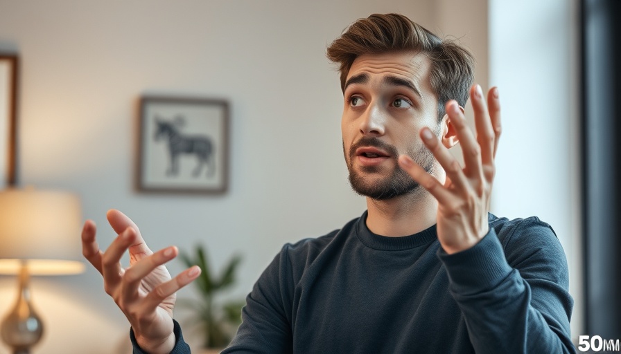 Expressive young man in discussion, digital banking disruption theme.