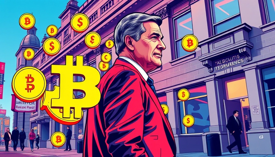 Digital comic-style poster with political figure and cryptocurrencies, side profile of man walking.