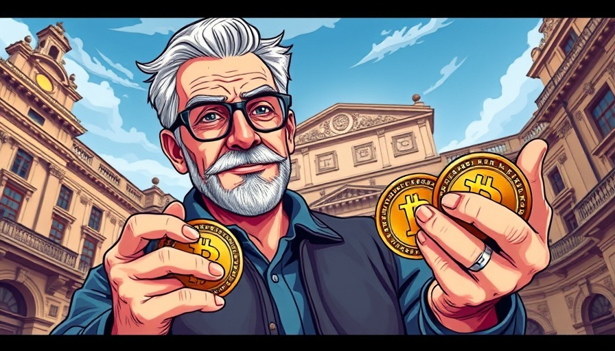 Cartoon man with crypto coins in front of classical building, XRP investment strategies.