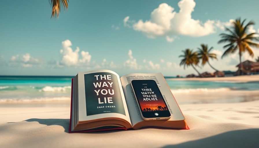 Tropical beach with 'The Way You Lie' book, serene atmosphere.