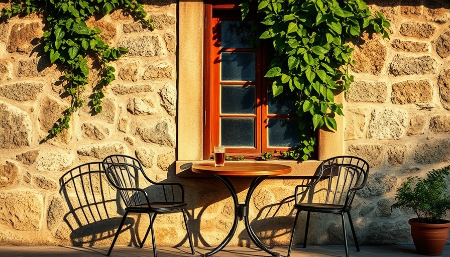 Rustic outdoor cafe setting during current hot spell, sunlit stone wall.