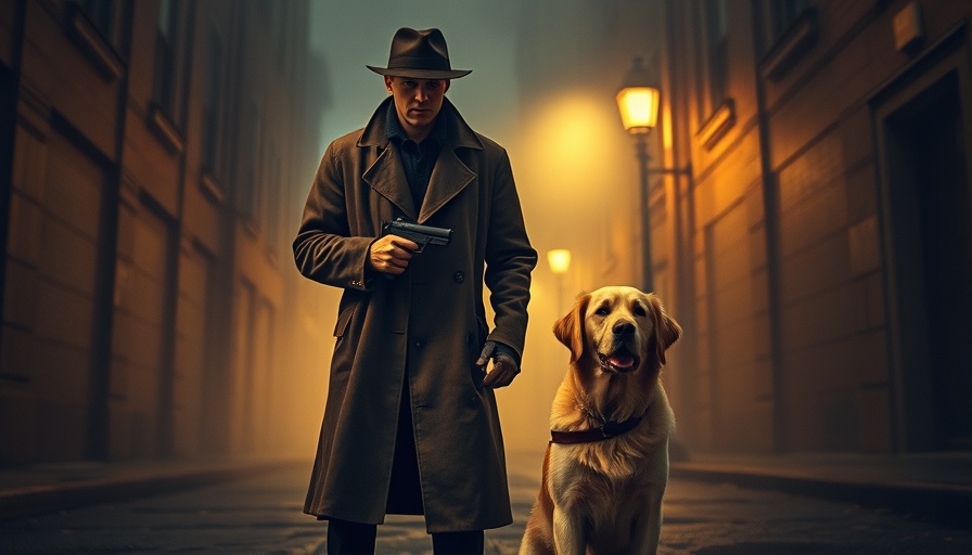 Crime fiction canines: detective and dog in foggy noir city.