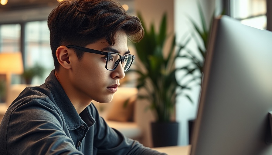 Focused young man working in modern office, enhancing AI search visibility.