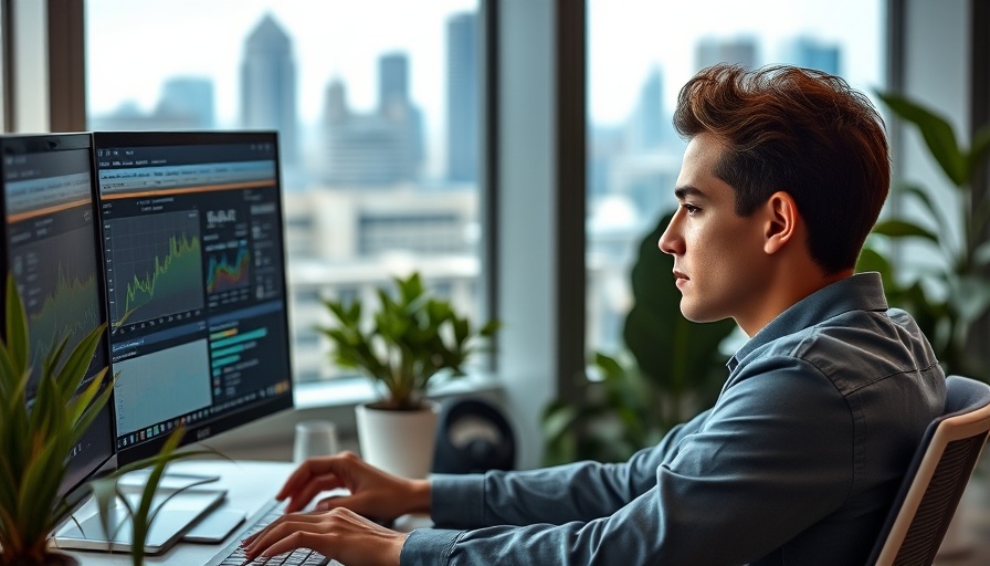 Person analyzing data on dual monitors in an office for AI search optimization.