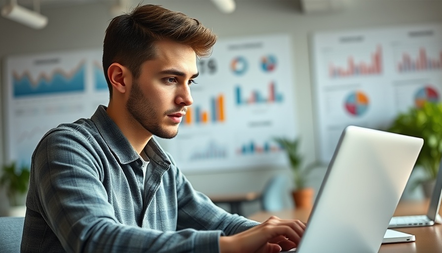 Young man analyzing SEO blogging strategies in modern office.