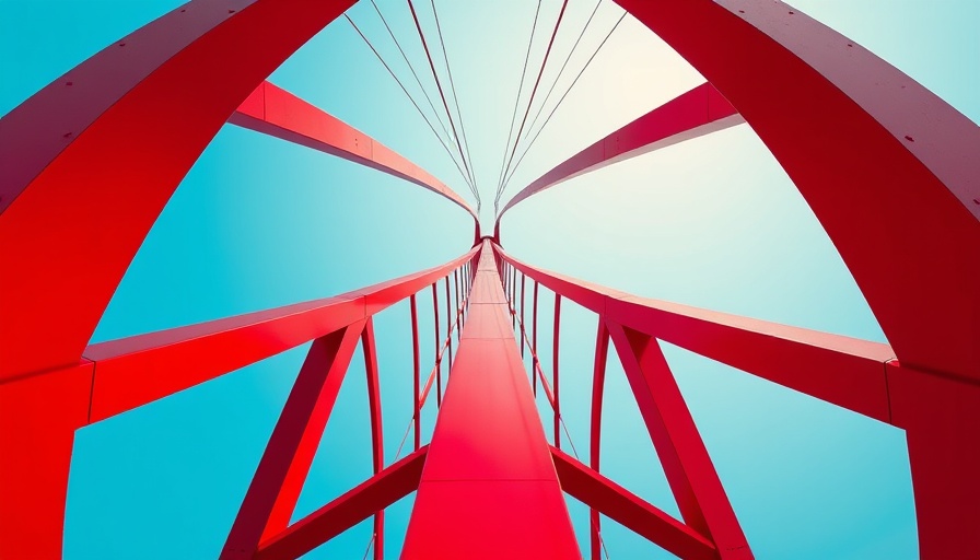 Dynamic red bridge against blue sky, related to agentic AI in business.