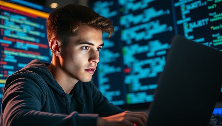 Young man working on a laptop in an artificial intelligence environment.