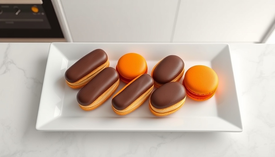 Clean romance of eclairs and macarons on a white platter.