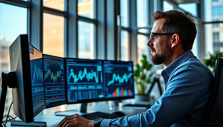 Professional analyzing data for AI search visibility in modern office.