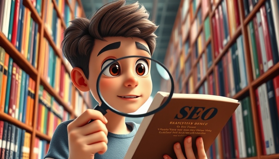 AI search visibility exploration in a library setting, 3D cartoon style.