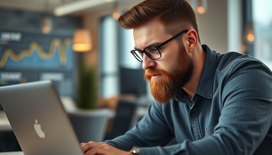 Man analyzing AI search visibility on laptop in office setting.