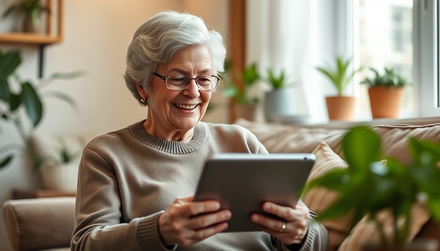 Senior woman enjoying technology on a tablet in a cozy living space.