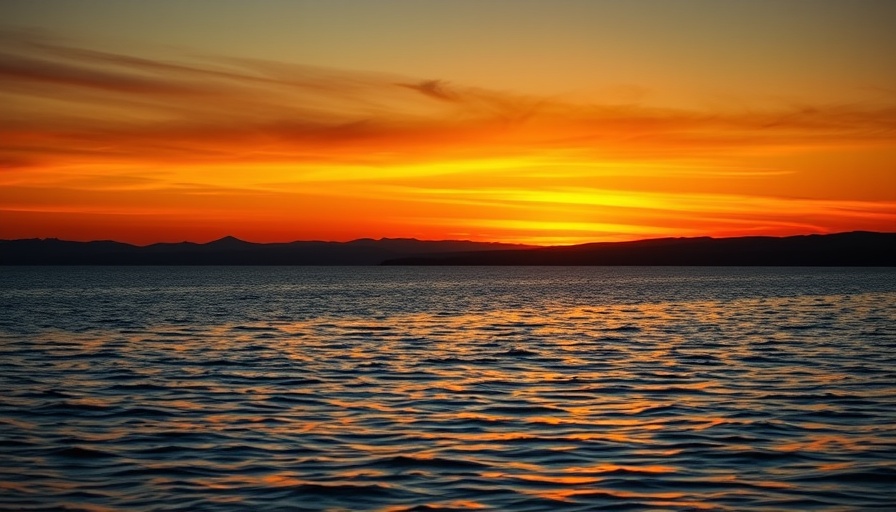 Twilight sunset over tranquil lake reflecting warm hues.
