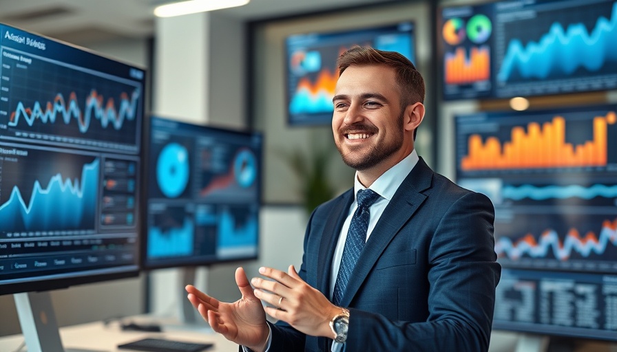 Professional in office examining AI search visibility analytics graph.