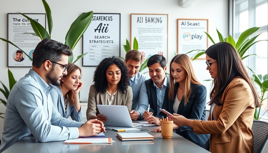 Professionals discuss AI search visibility in a modern office.