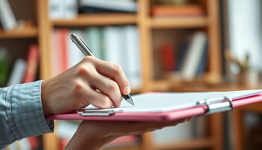 Close-up of hand writing on clipboard, healthcare IT infrastructure.