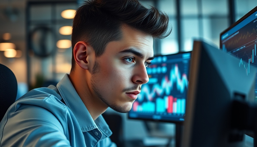 Focused young man analyzing data for AI search visibility in a modern office.