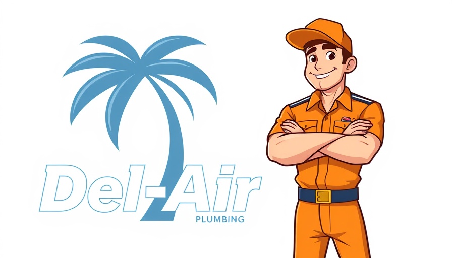 Del-Air logo with confident cartoon man, palm tree, branding elements.