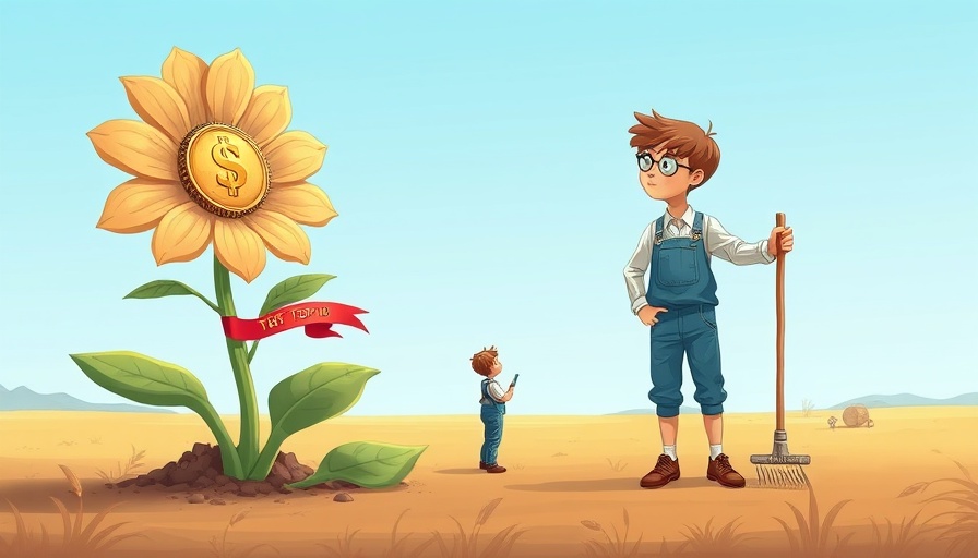 Surreal illustration of tech funding plant and person with rake.
