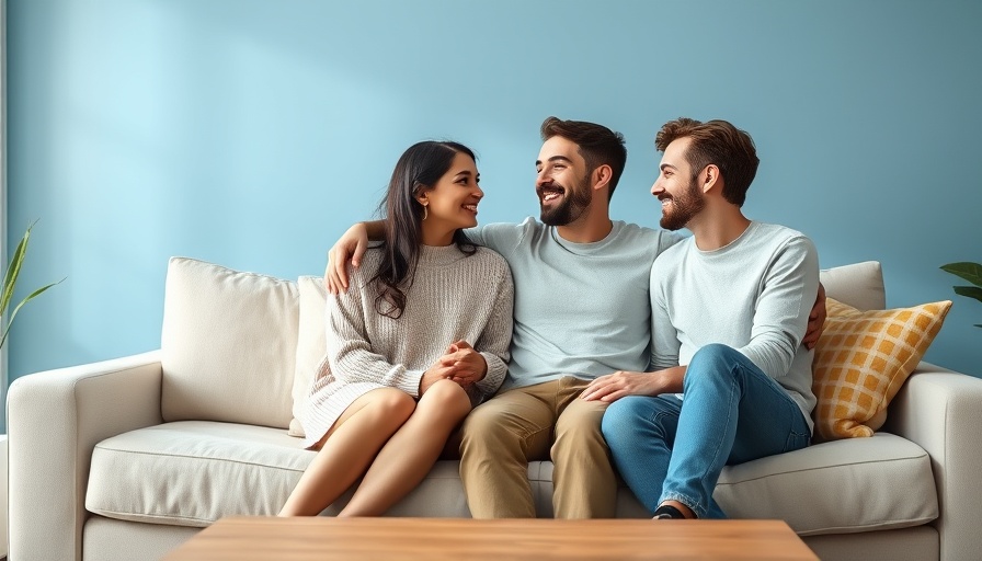 Young couple engaged in conversation on a sofa in a modern minimalist living room.