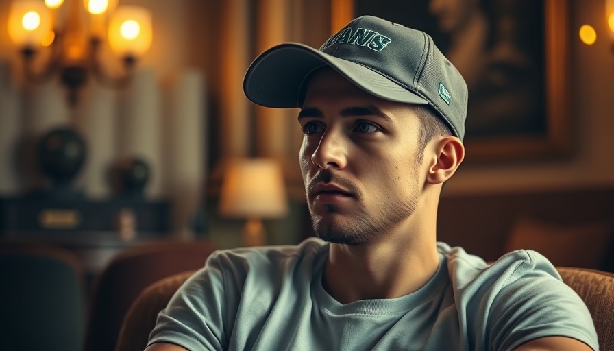Thoughtful young man in a cap, elegant room, warm lighting.