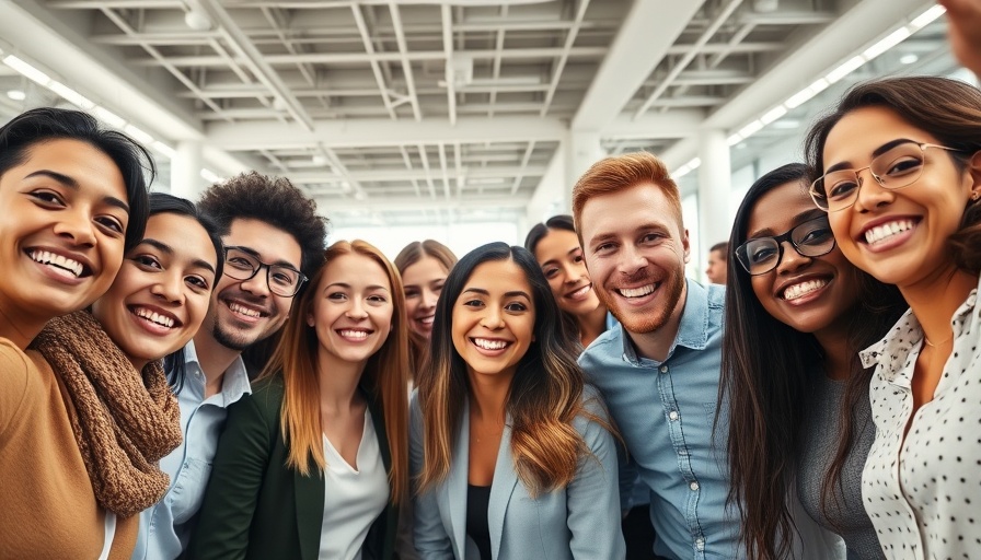 Gen Z employees taking a group selfie in a modern office.