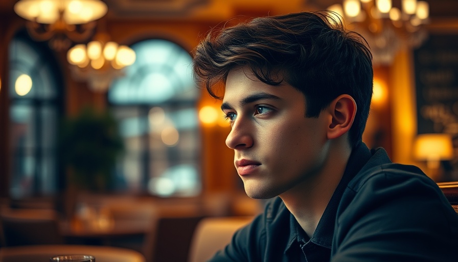 Focused young man in cafe interior, warm lighting, Grok AI in Tesla.