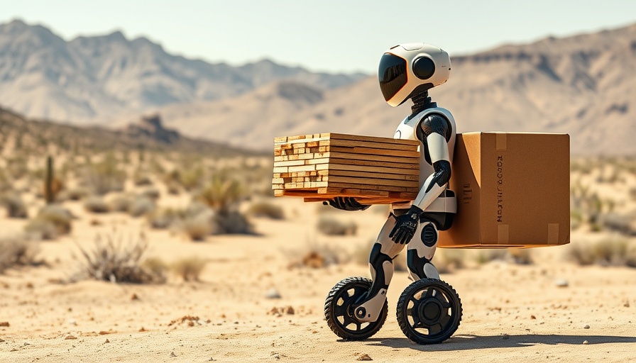 Autonomous delivery robot carrying packages in desert landscape, symbolizing business growth capital