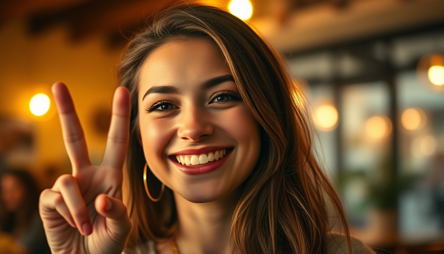 Young woman showing peace sign in a warm indoor setting.