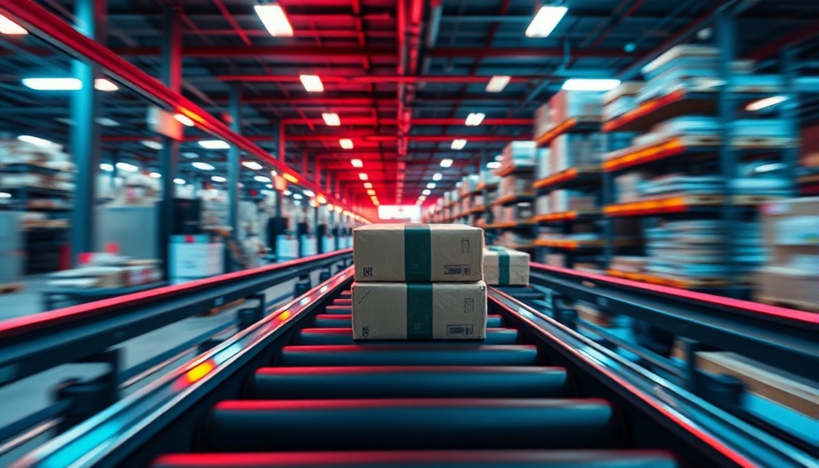 Conveyor belt with packages in a high-tech warehouse, showcasing 3D imaging technology for return fraud.