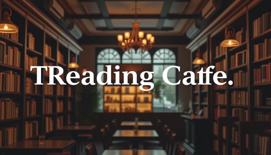 Serene cafe with bookshelves, text 'The Reading Cafe', artistic ambiance.