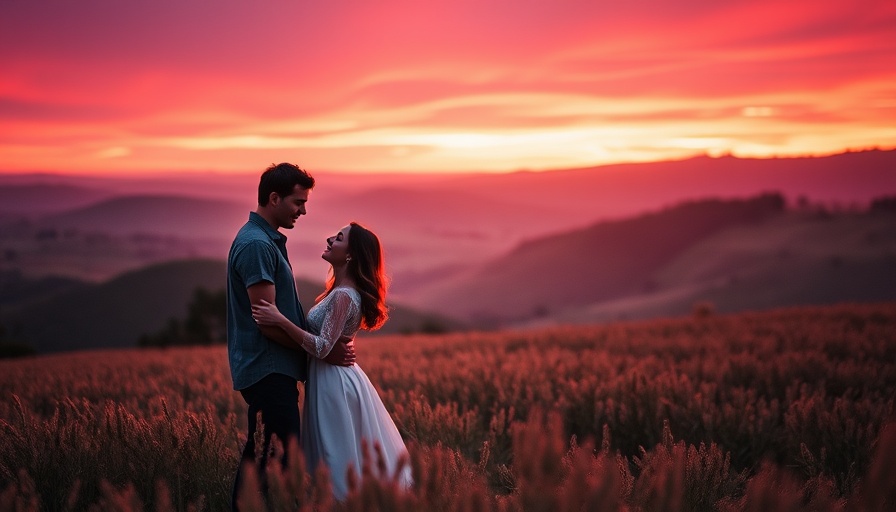 Romantic couple in a field during sunset with hills.