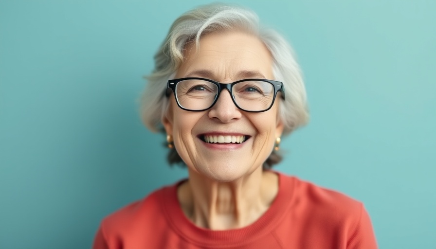 Cheerful older woman smiling, grey background.