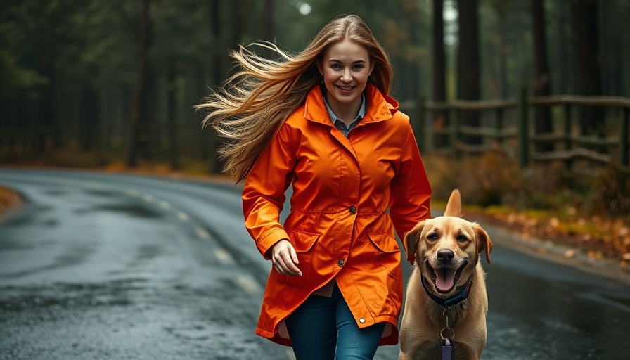 Marjory Sweet culinary journey: woman in bright raincoat with dog in forest.