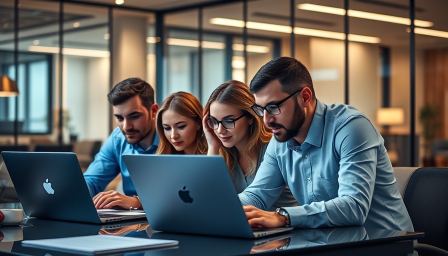 Professionals working on laptops in an office, AI and Cybersecurity in Healthcare theme.