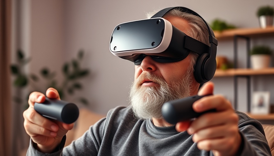 Senior experiencing virtual reality for dementia therapy indoors.