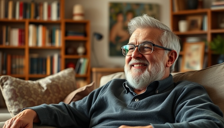 Older man smiling comfortably at home, bioidentical hormone therapy context