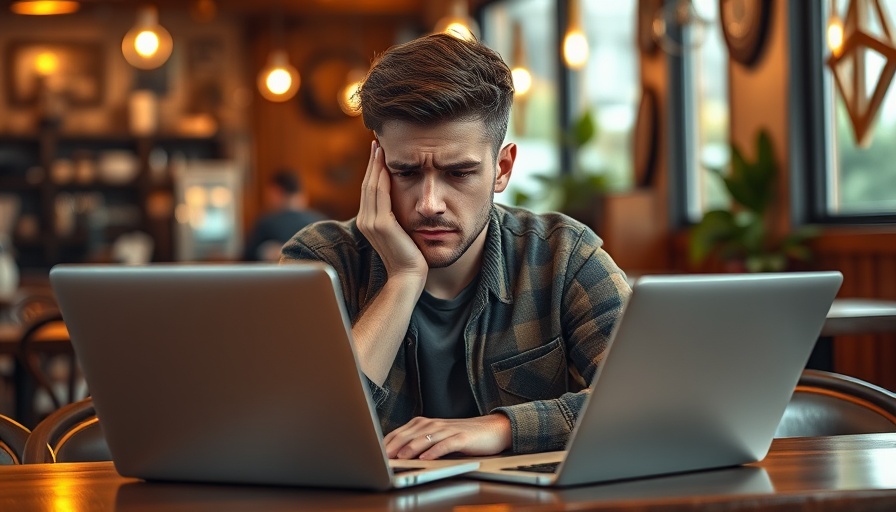 Stressed young man in cafe researching low testosterone coaching.