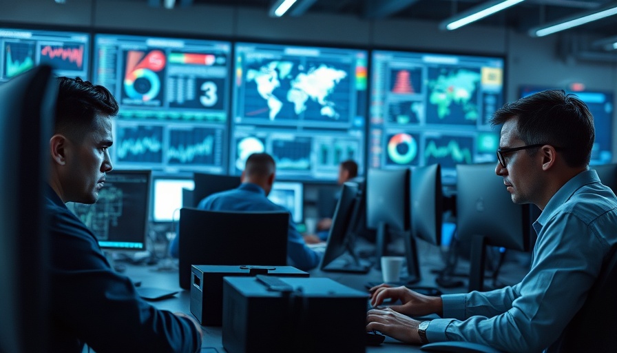 Team discussing data in a high-tech operations center for inventory management and incident response planning.