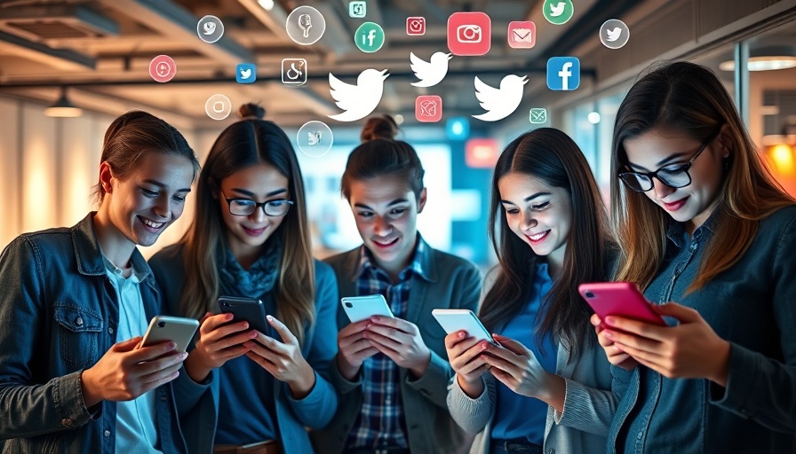 Young people engrossed on phones with social media icons around them.