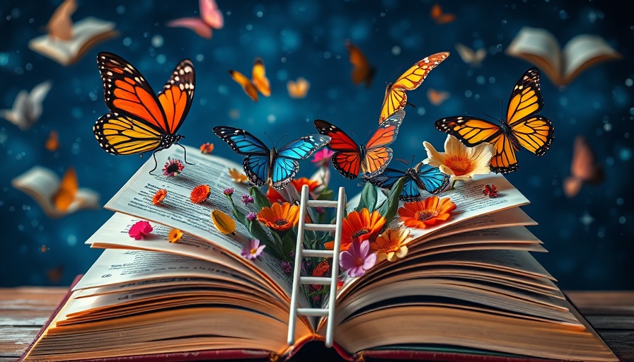 Open book with butterflies and flowers on starry backdrop.