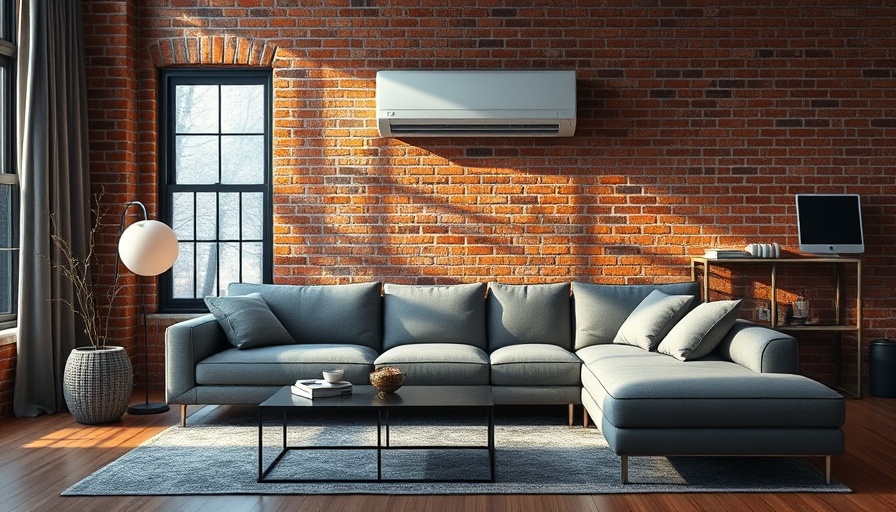 Modern living room with AC unit on brick wall.