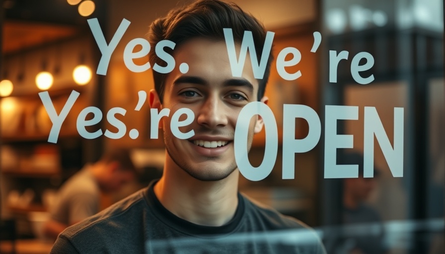 Young man in coffee shop, sign reads 'Yes. We're Open,' photorealistic.