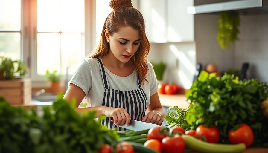 Woman preparing vegetables in sunny kitchen for heart health.