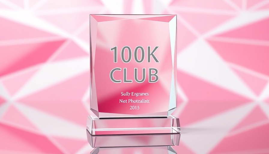 Glass award with 100K Club engraving amid pink geometric design for design platforms competition.