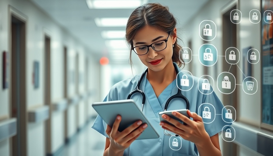 Healthcare professional uses tablet, digital security icons in hospital, next-generation firewalls in healthcare.